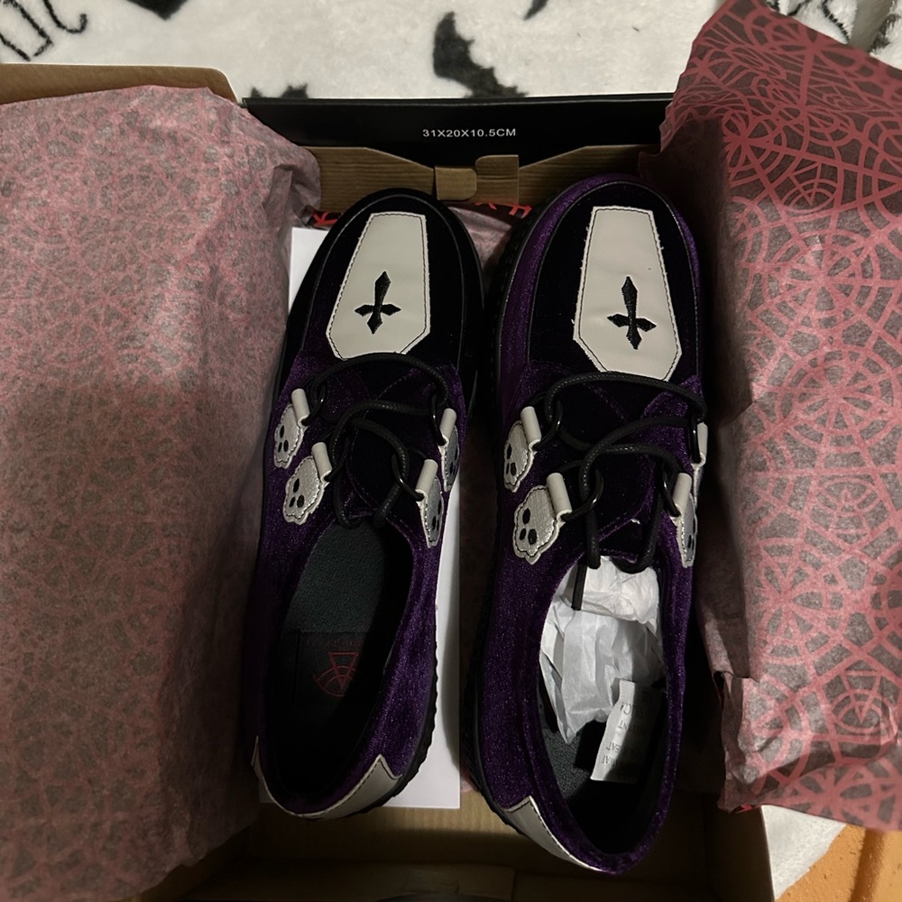 Strange Cvlt purple velvet krypt coffin creepers. Size 10.
